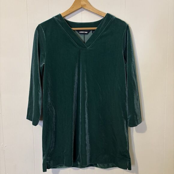 Lands End Women's Small Velvet/Velour Top Green V-Neck 3/4 Sleeve Jewel Romantic - Picture 2 of 12